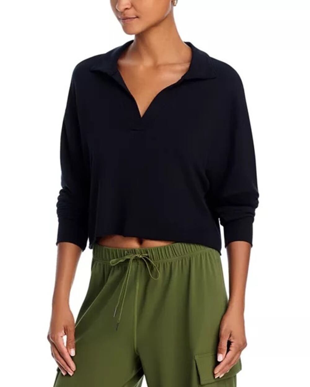 NWT Splits59 Joan Fleece Polo Sweatshirt Black Cropped Long Sleeve Size Large